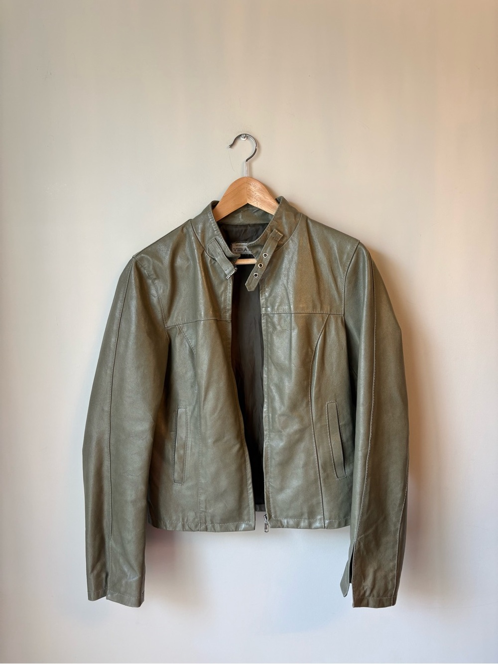 Vintage Italian Vera Pelle Olive Green Racer Leather Jacket